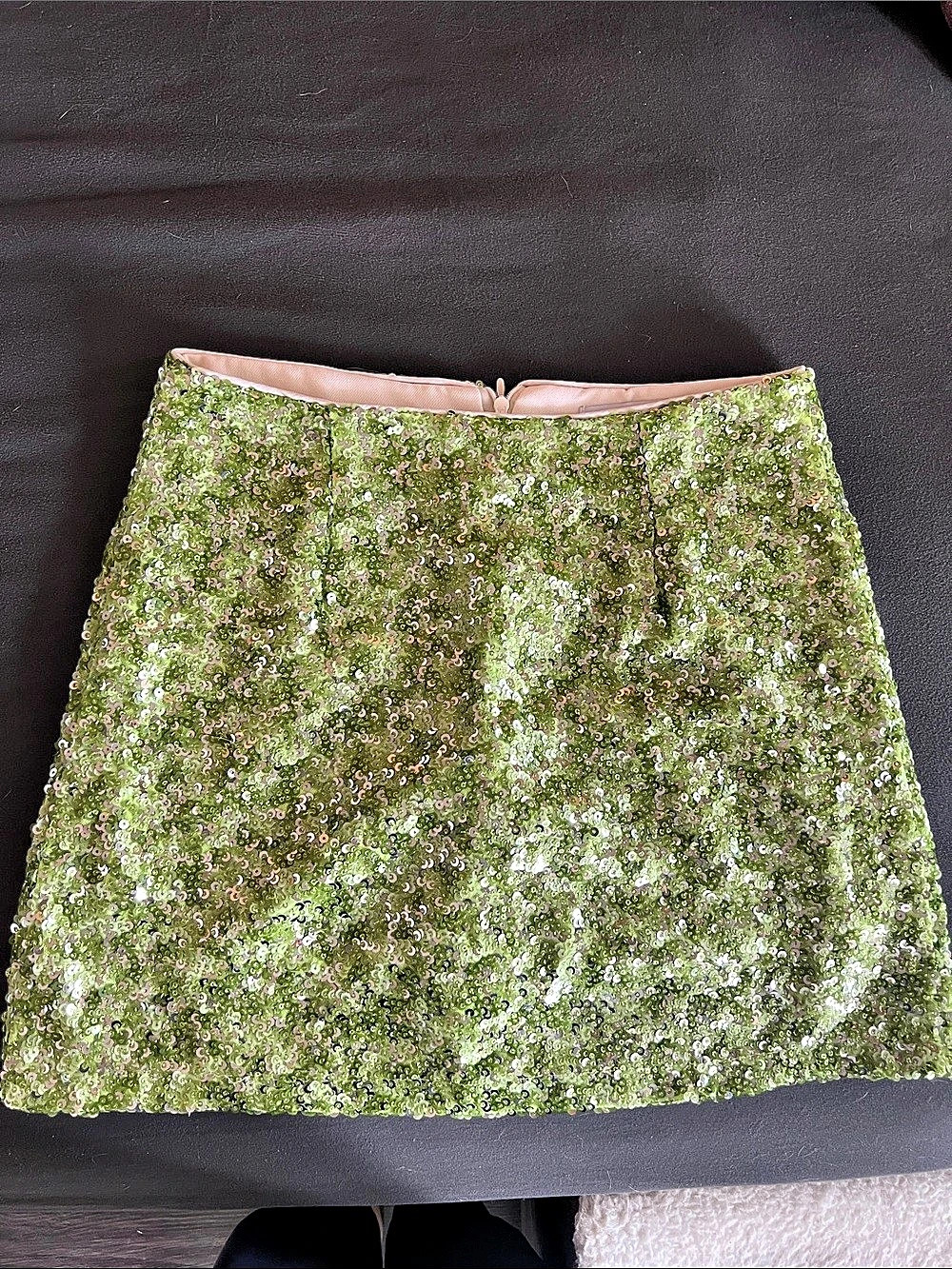 twik Sequin Mini Skirt in Green & Pink Size Medium Like New